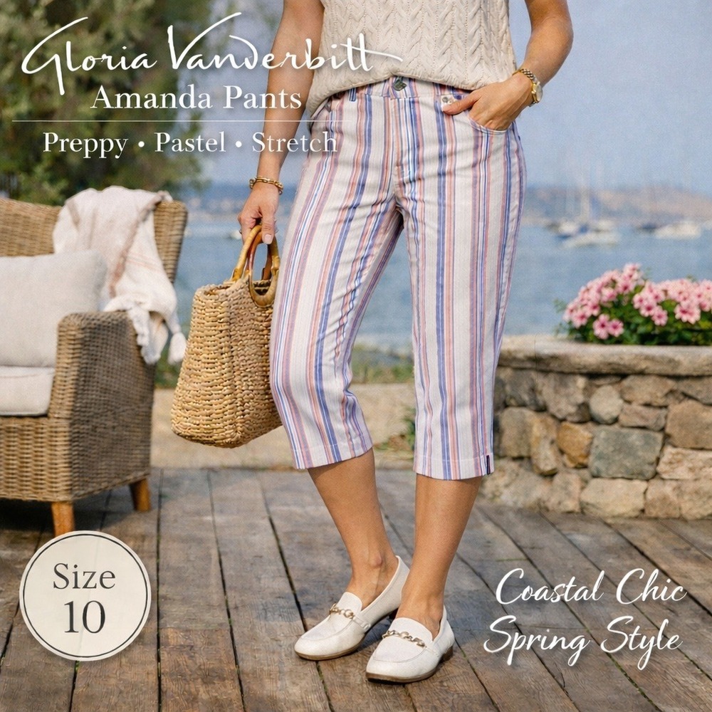 Gloria Vanderbilt Amanda Capri Pants Womens 10‎ Pastel Striped Preppy Coastal